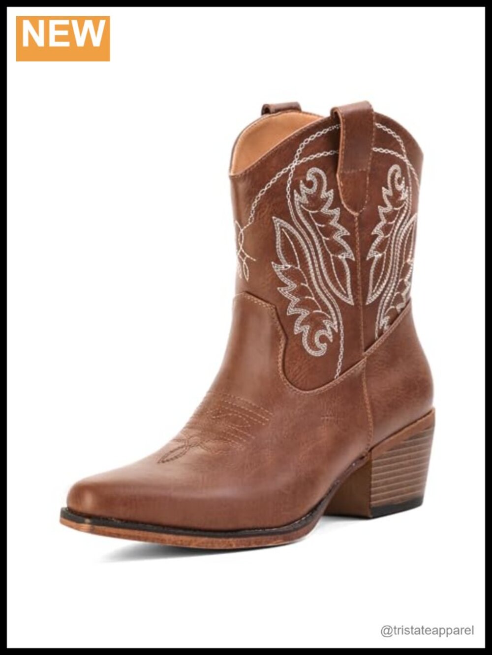 Faux Leather Snip Toe Western Ankle Boots Pull-On Block Heel Cowgirl Booties